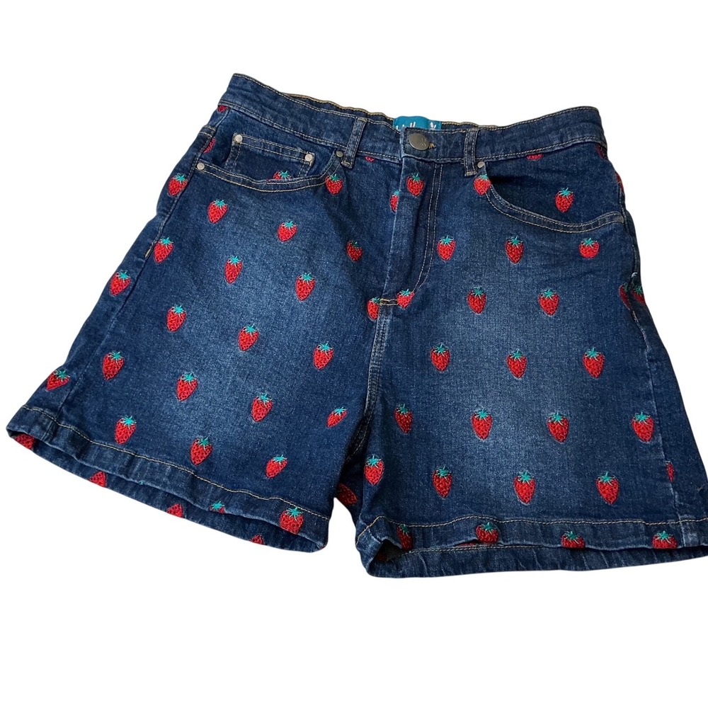 Hell Bunny Strawberry Embroidered Denim Shorts Dark Wash High Rise W28 HLB50185 - Picture 2 of 12